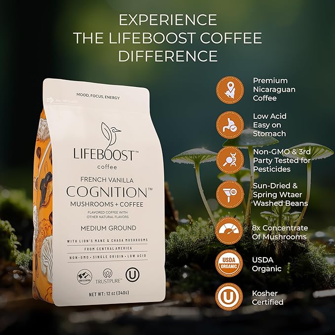Lifeboost French Vanilla Cognition Mushroom Coffee - Low Acid Medium Organic Coffee with Nootropic Lions Mane &amp Chaga Mushrooms - Increase Energy Boost Focus &amp Immune Support - 12 oz Bag - Gr