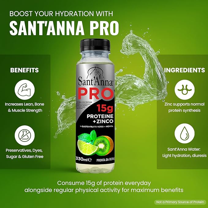 Sant'Anna PRO Functional Protein Drink – Green Fruits &amp Mint 11.15 Fl Oz (12-Pack) | 15g Protein + Zinc | No Sugar | Clear Water | Crafted with Sant’Anna Alpine Water | BPA-Free | No Preservative