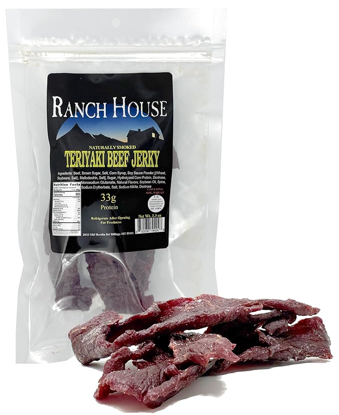 Ranch House Teriyaki Beef Jerky Pack of 3 - Whole-Muscle Montana Beef Strips High Protein Snack Made in USA 3.3 Oz Each
