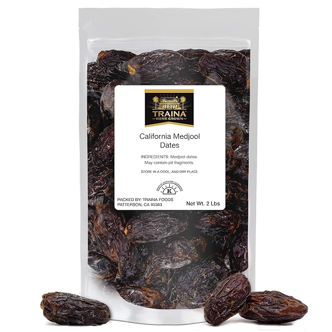 Traina Home Grown California Sun Dried California Medjool Dates - Healthy No Added Sugar Non GMO Gluten Free Kosher Certified Vegan Packed in Resealable Pouch (2 lbs)