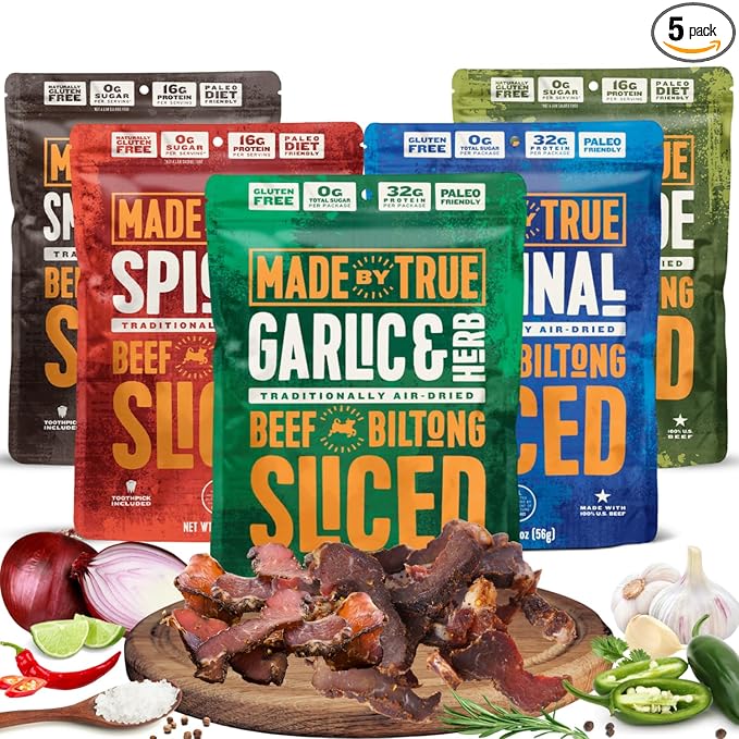 Made by True Beef Sliced Bites Ultimate Variety (2 Ounce Pack of 5) - All Natural Zero-Sugar True Jerky Biltong - High Protein Keto Paleo &amp Whole 30 Diet - Sugar-Free Gluten-Free Carb-Free