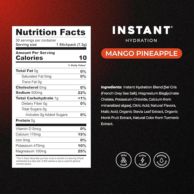 Instant Hydration Electrolytes Powder Packets - Mango Pineapple Drink Mix - Zero Sugar - Keto Vegan Gluten-Free Non-GMO - Boost Recovery Brain Health Muscle &amp Tissue Support- 30 Sticks