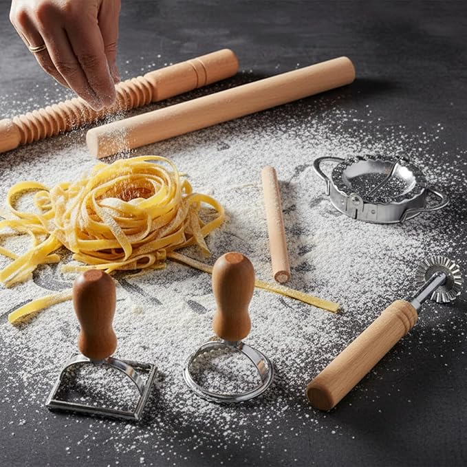 11 Pcs Pasta Making Tools Kit - Pasta Drying Rack Gnocchi BoardPasta Cutter Ravioli Stamps Wood Threaded Pasta Roller Pin Set Noodle and Dumplings Maker