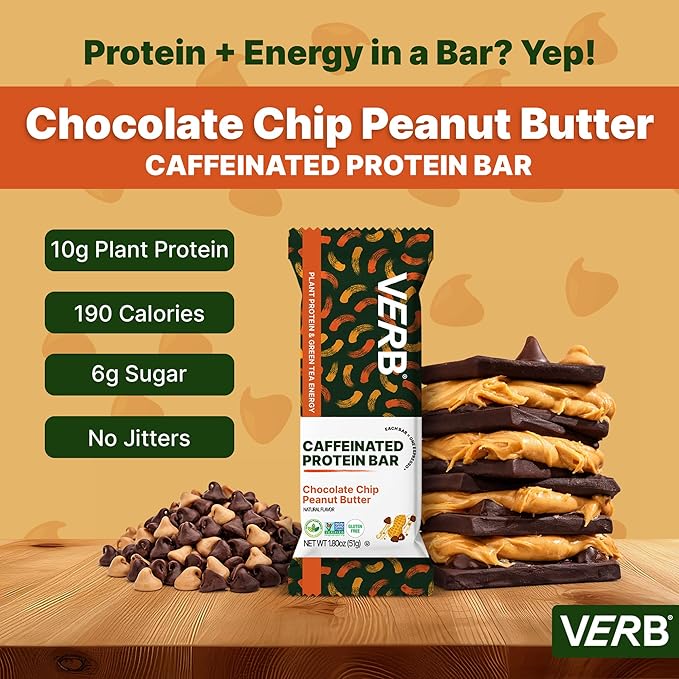 Verb Energy - Caffeinated Protein Bars Chocolate Chip Peanut Butter 10g Plant Based Protein Bars High Protein - Vegan Snack - Gluten Free Breakfast Snack with Organic Green Tea 51g (Pack of 12)