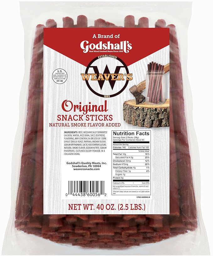 Weaver’s Original Snack Sticks (80 mild flavored 7 beef and chicken snack sticks per 40oz bag)