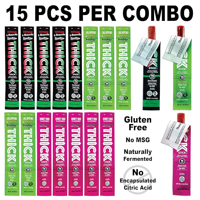 THICK STICK - STONERIDGE OLD-FASHIONED ASSORTED COMBO PACK - PEPPERONI &amp MOZZARELLA JALAPENO &amp CHEDDAR HONEY BBQ Sticks Gluten Free No MSG THICK 1.5 oz Snack Meat Sticks High Protein So