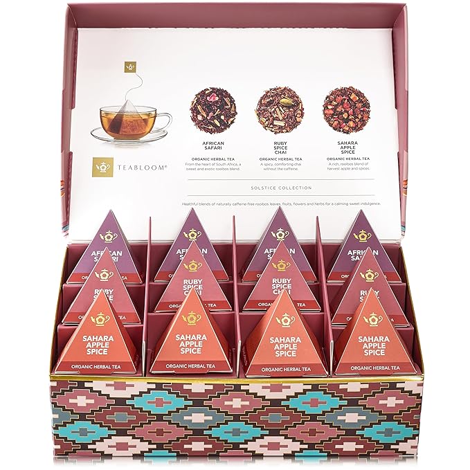 Teabloom Solstice Organic &amp Kosher Certified Rooibos Tea Gift Assortment 12 Compostable Pyramid Sachets Caffeine Free Herbal Tisanes Premium Rooibos Sampler
