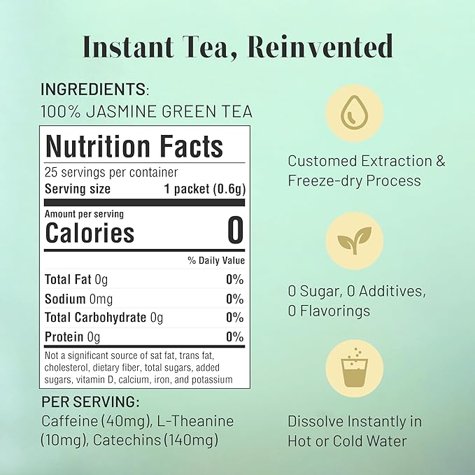 CHAYEAH Craft Instant Jasmine Tea Unsweetened Jasmine Green Tea Powder for Quick Hot &amp Cold Beverages 100% Natural On-the-Go Premium Tea Crystals Caffeinated (25 Single Serve Packets)