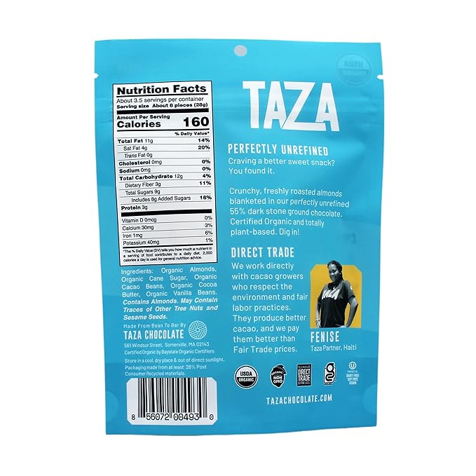 Taza Chocolate Organic Chocolate Covered Almonds 55% Dark Chocolate Vegan 3.5 Ounce (12 Count)