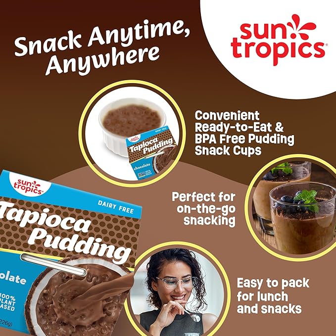 Sun Tropics Tapioca Pudding Chocolate | Vegan Puddings Dairy Free Puddings | Gluten Free Non-GMO | Ready-to-Eat Pudding Cups 4.0oz (Pack of 6)