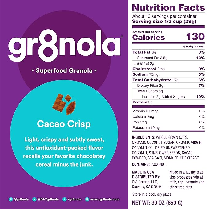 gr8nola CACAO CRISP - Healthy Low Sugar Vegan Granola Cereal - Made with Superfoods Cacao Coconut and Sunflower Seeds Soy Free Dairy Free and No Refined Sugar - 30oz (1.8 lb) Resealable Bag