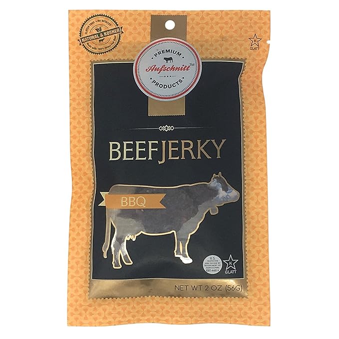 Aufschnitt Beef Jerky - Barbecue - 12 pack (2 oz each) - Kosher Glatt Star-K Certification Gluten Free All Natural No Nitrites Grass Fed Beef