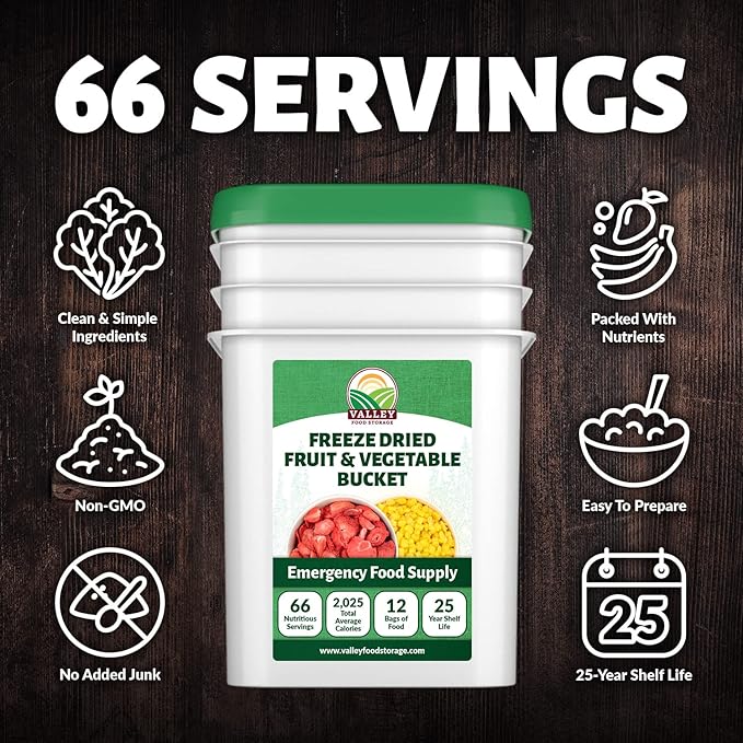 Valley Food Storage Freeze Dried Fruit &amp Vegetable Bucket | 12 Pouches Variety Pack | Non-GMO Premium Emergency Food Supply 25 Year Shelf Life | Prepper Food Supplies for Camping &amp Long-Term