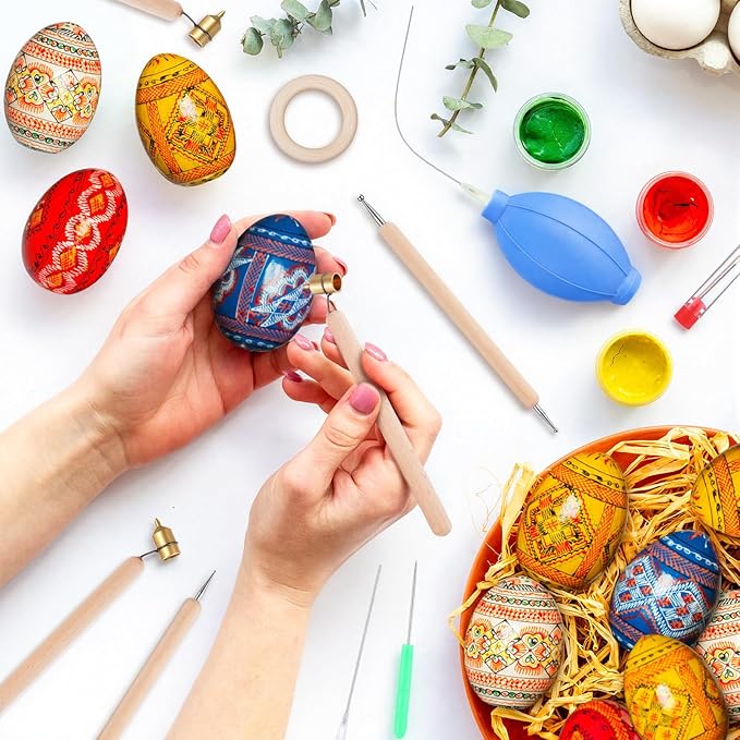 Blushtier 18 Pcs Pysanky Supplies Ukrainian Easter Egg Decorating Kit-0.2 0.3 0.4 0.5mm Kistka Pen Drop Pull Tool Stand Beeswax Candle Egg Blower and Instructions for Color Easter Eggs DIY Supply