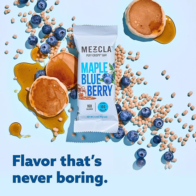 Mezcla Puff-Crispy Plant Based Protein Bars - Maple Blueberry - Healthy Snacks for Adults &amp Kids - Granola Bars for School Travel Office Snacks - Gluten Free Vegan Non GMO 10g Protein - 12 Co