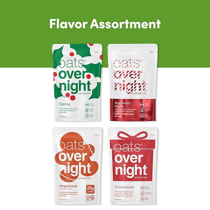 Oats Overnight - Holiday Variety Pack 20g Protein 5g Fiber Breakfast Shake - Gluten Free Non GMO Oatmeal Snickerdoodle Gingerbread &amp More (16 Pack + Shaker Bottle)