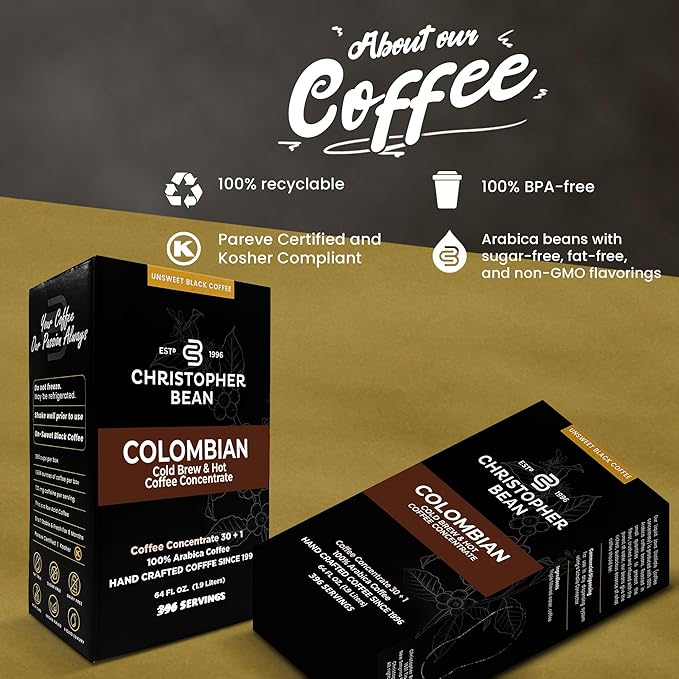 Christopher Bean Coffee - 396 servings 30 to 1 Blend Bag in Box Liquid Instant Coffee or Cold Brew Coffee Concentrate - Hot or Iced Coffee - Colombian
