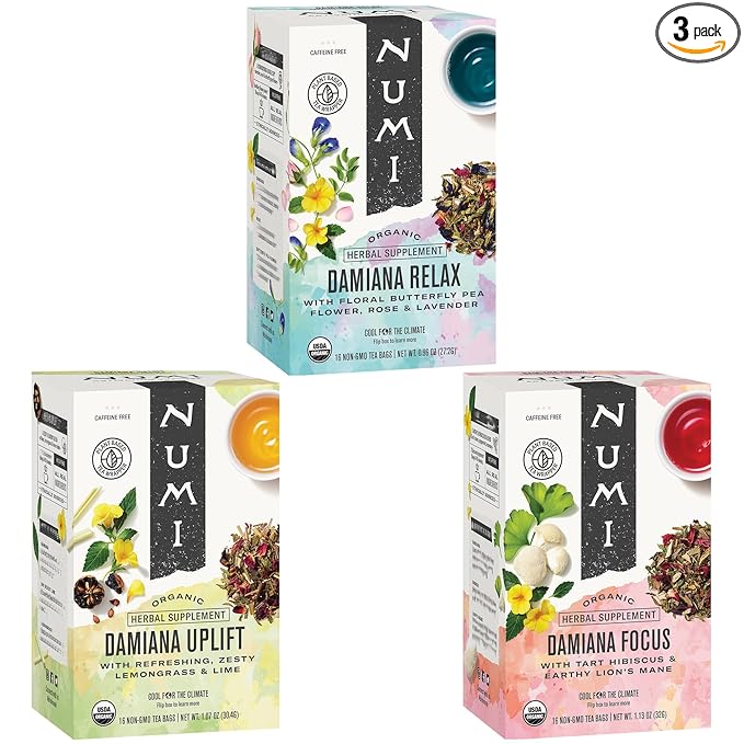 Numi Organic Damiana Herbal Tea Variety Pack - Relax Focus &amp Uplift with Damiana Butterfly Pea Flower Lemon Balm Gingko (Pack of 3) 16 Count Herbal Tea Bags