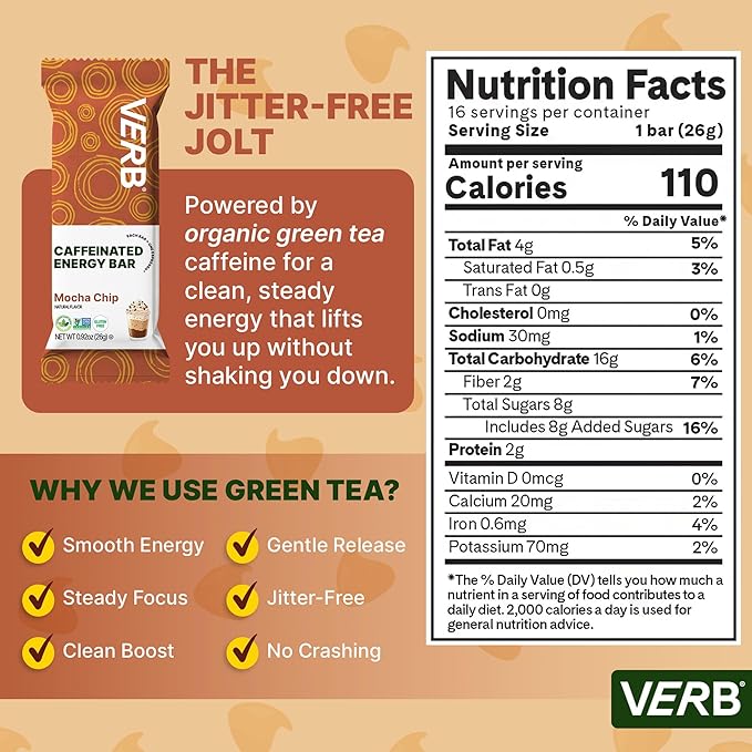 Verb Caffeinated Energy Bars Mocha Chip (26g Pack of 16) 110-Calorie Delicious Low Sugar Energy Bar - Vegan Gluten Free On-the Go Snack with 80mg Green Tea Caffeine Only Real-Food Ingredients