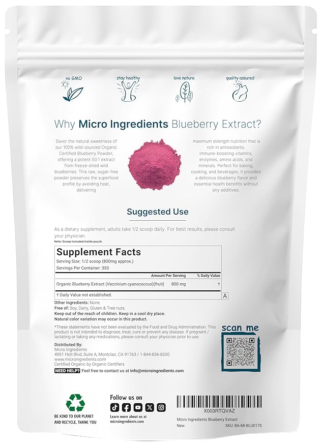 Organic Blueberry Extract Powder 10oz | 100% Natural Fruit Powder | Freeze-Dried Wild Blueberries Source | No Sugar &amp Additives | Great Flavor for Drinks Smoothie &amp Beverages | Non-GMO &amp