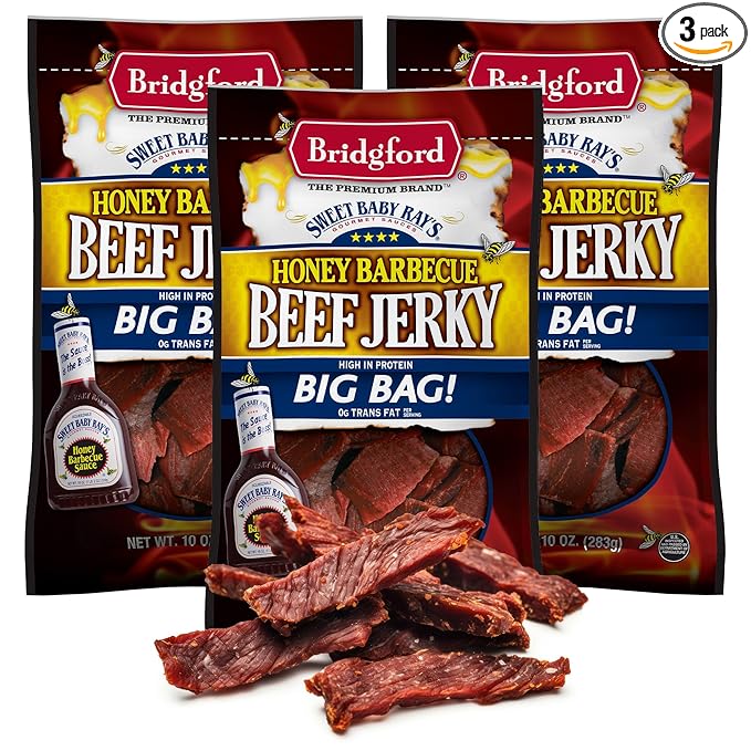Bridgford Sweet Baby Ray's Beef Jerky Honey BBQ 10 oz Pack of 3 - High Protein Jerky for Midday Energy Boost or Post Workout Snack - Naturally Smoked Ready to Eat Meat Snacks for on the Go Snacking
