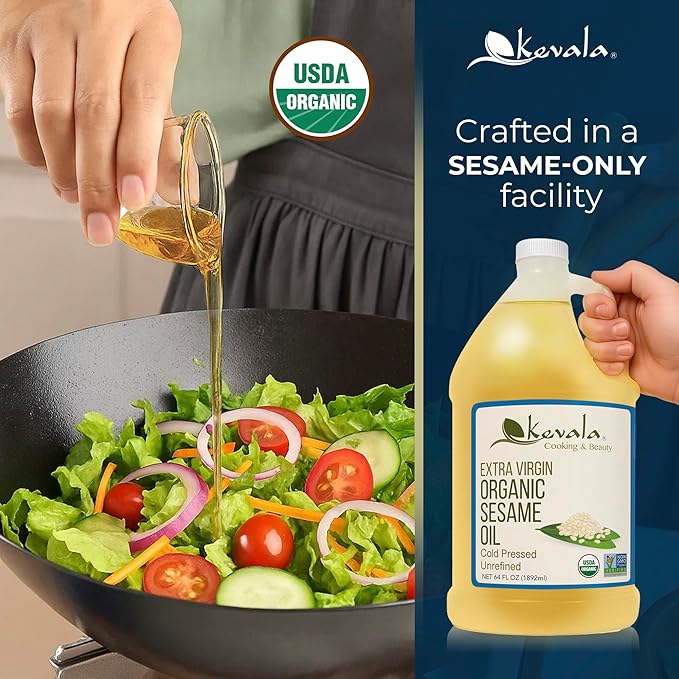 Kevala Organic Extra Virgin Sesame Oil – Cold Pressed Unrefined &amp Non-GMO Cooking Oil for Salad Frying Baking and Skin or Hair Use – Gluten Free &amp Kosher Certified – 128 Oz