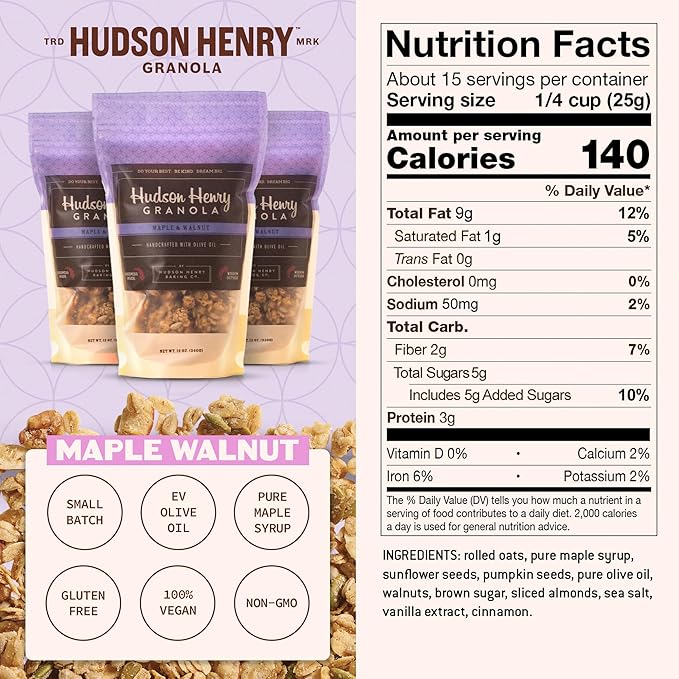 Hudson Henry Maple Walnut Granola for Yogurt Snacking &amp Cereal | Gluten Free Granola with Nuts and Seeds | Cashew Granola Non-GMO Small Batch Baked | 3 x 12 oz Bags