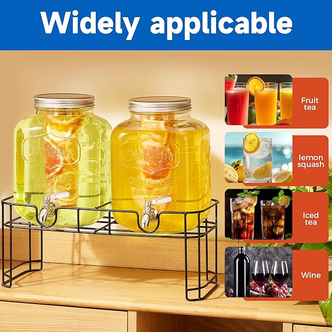 1.5 Gallon Glass Drink Dispensers for Parties 2PACK Beverage Dispenser with Stand Ice Cylinder and Stainless Steel Spigot 100% Leakproof Beverage Dispenser for Lemonade Sun Tea