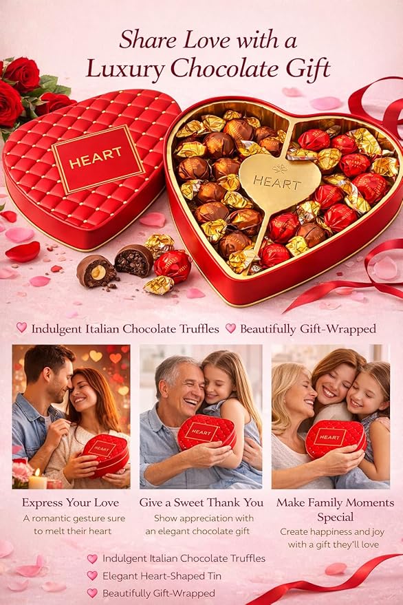 Premium Italian Chocolate Truffles Gift Box - Heart Shaped Valentine's Day Gourmet Assortment - Milk Chocolate Hazelnut &amp Dark Chocolate Luxury Collection - Perfect Anniversary Birthday Gift for W