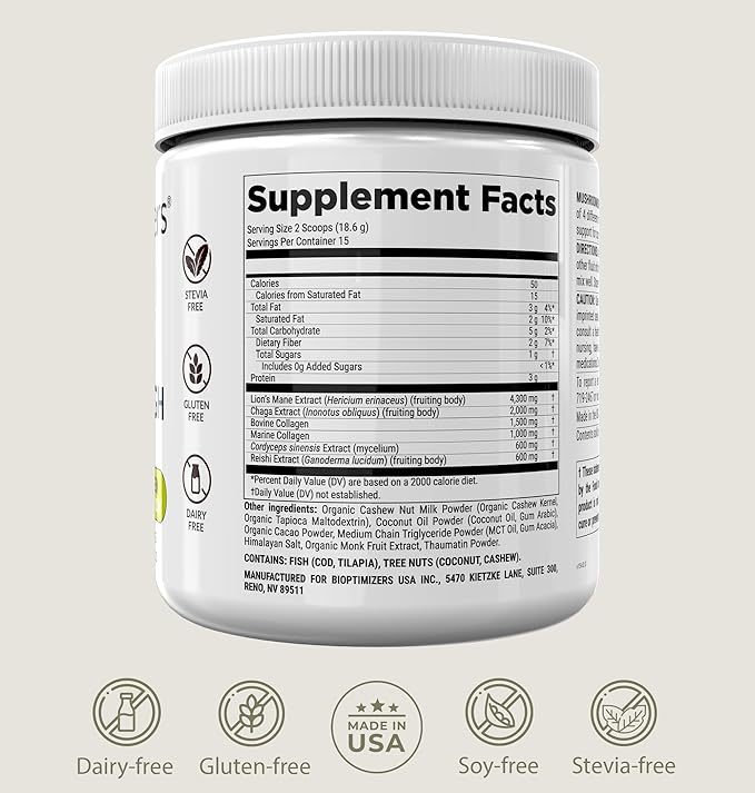 BIOptimizers Mushroom Coffee Alternative – Chocolate Drink – Lion’s Mane Chaga Reishi + Collagen Peptides for Focus Energy &amp Gut Health – Adaptogenic Mushrooms &amp MCT Powder – 15 Servings