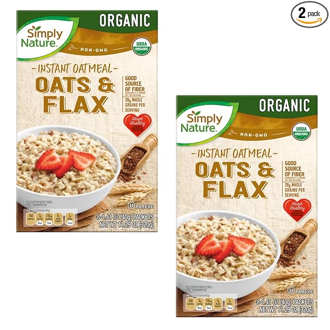 2-Pack Simply Nature Organic Oats &amp Flax Instant Oatmeal – Heart-Healthy Fiber-Rich Superfood Breakfast Packed with Omega-3s Plant Power &amp Gut-Loving Goodness! (11.29 oz / 320g Each)