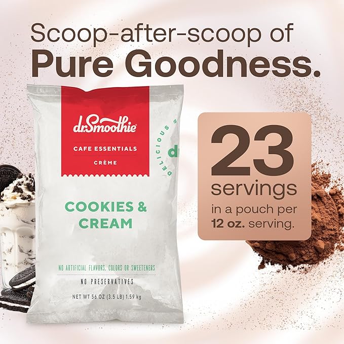 Dr. Smoothie Café Essentials Cookies &amp Cream – No Artificial Colors Flavors or Sweeteners – Shelf Stable – Caffeine-Free – Great for Hot Iced &amp Frozen Frappes (3.5 lb Bag 23 Servings)
