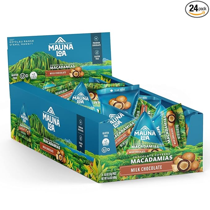 Mauna Loa Milk Chocolate Covered Macadamia Nuts 24 Pack of 0.6 oz Mini Pouches Gluten Free Sweet Hawaiian Snack