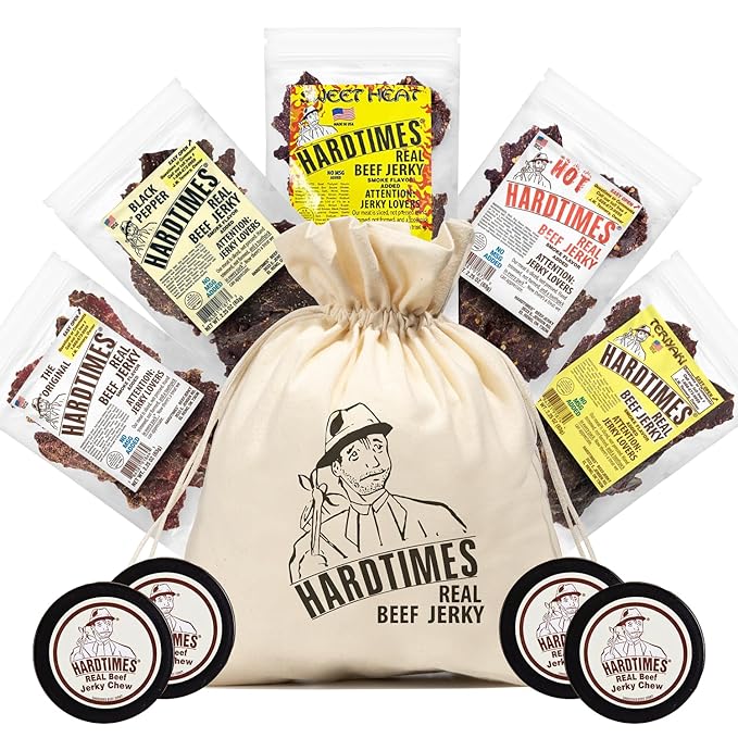 Hardtimes Beef Jerky - Variety Specialty Gift Bag - Great Gift for Father's Day Holiday &amp Birthday - 5 Pack of 2.25 oz Bags Original Black Pepper Hot Teriyaki &amp Sweet Heat - 4 Jerky Che
