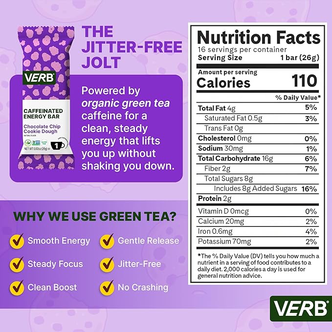 Verb Caffeinated Energy Bars Chocolate Chip Cookie Dough (26g Pack of 16) 110-Calorie Delicious Energy Bar Gluten Free On-the Go Snack with 80mg Green Tea Caffeine Only Real-Food Ingredients