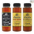 HONEY FEAST Raw Enthusiast Trio – Gift Set with 12oz Manuka Infused with Propolis Orange Blossom and Wildflower Honey – For Tea Cooking and Everyday Use