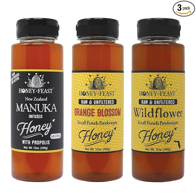 HONEY FEAST Raw Enthusiast Trio – Gift Set with 12oz Manuka Infused with Propolis Orange Blossom and Wildflower Honey – For Tea Cooking and Everyday Use