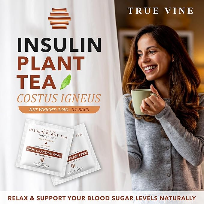 True Vine Insulin Plant Tea (USDA Organic) — Herbal Organic Tea Bags for Blood Sugar Support Digestive Wellness &amp Metabolic Balance — 100% Natural Caffeine-Free No Additives – 31 Sachets (4g Ea