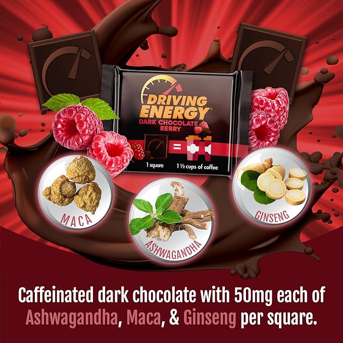 Driving Energy - Caffeinated Energy Bite Size - Dark Chocolate Berry Fuel with 150mg Caffeine - Long-Lasting for Gym Workout Adults - Great Taste - Low Carb - Healthy Snack - 30 Count