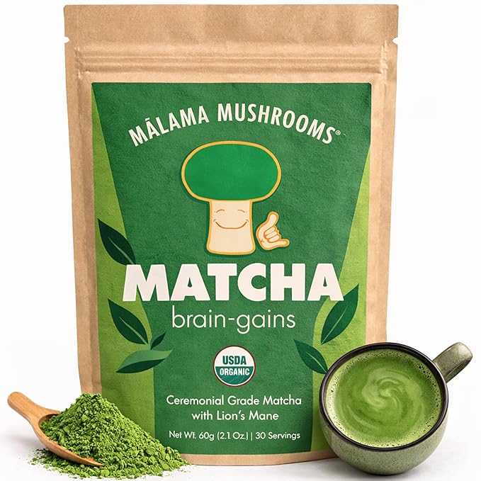 Malama Ceremonial Grade Matcha Powder - Premium Japanese Matcha Green Tea Powder with Organic Lion’s Mane Extract - Organic Gluten-Free Vegan &amp Unsweetened (2.1 oz) for Energy &amp Focus