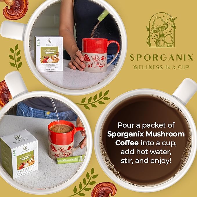 Sporganix Organic Mushroom Coffee – Instant Arabica with 5 Functional Mushrooms (Lion’s Mane Reishi Chaga Cordyceps Shiitake) – Unsweetened Medium Roast 30 Servings for Focus &amp Energy