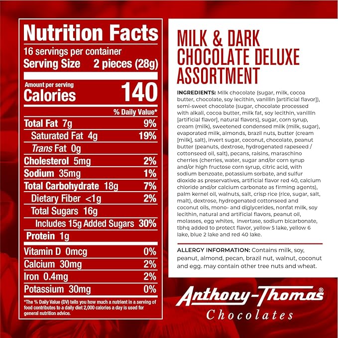 Anthony Thomas Milk and Dark Chocolate Deluxe Assortment Milk Chocolate Soft Centers Nuts Toffee and Caramels Gift Box (32 Pieces)