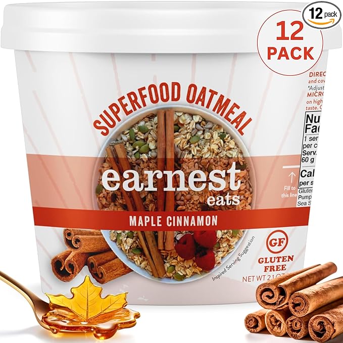 Earnest Eats Superfood Oatmeal Cups - Maple Almond Cinnamon – 8g Plant Protein Gluten Free Vegan On-the-Go Breakfast 2.1 Ounces Each (12 Pack)