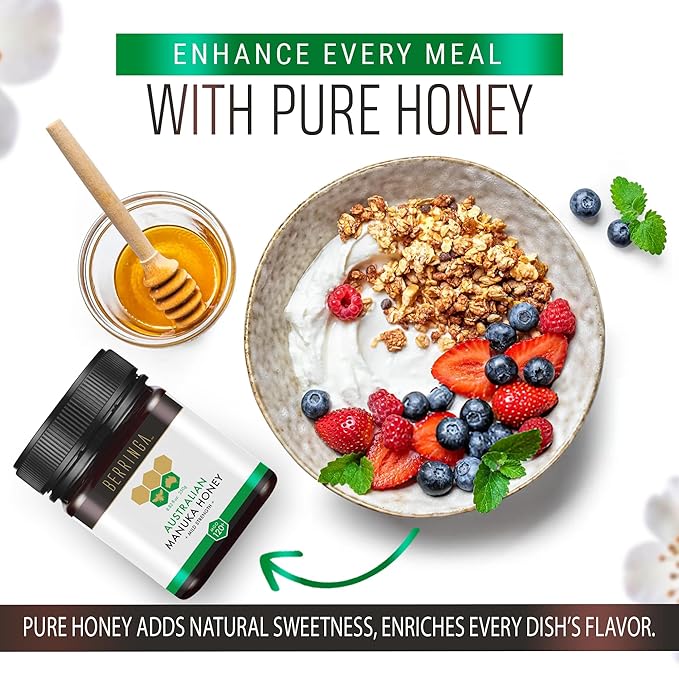 Berringa Manuka Honey Organic MGO 120+ Mild Strength Supports General Wellbeing &amp Digestive Balance - 100% Raw Pure &amp Unfiltered Sustainably Sourced from Australia - (8.82 oz)