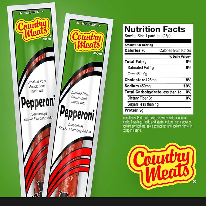 Country Meats Meat Sticks 0 Trans Fat USDA Certified Good Source of Protein Carb Conscious Snack (24 Meat Sticks Pepperoni)