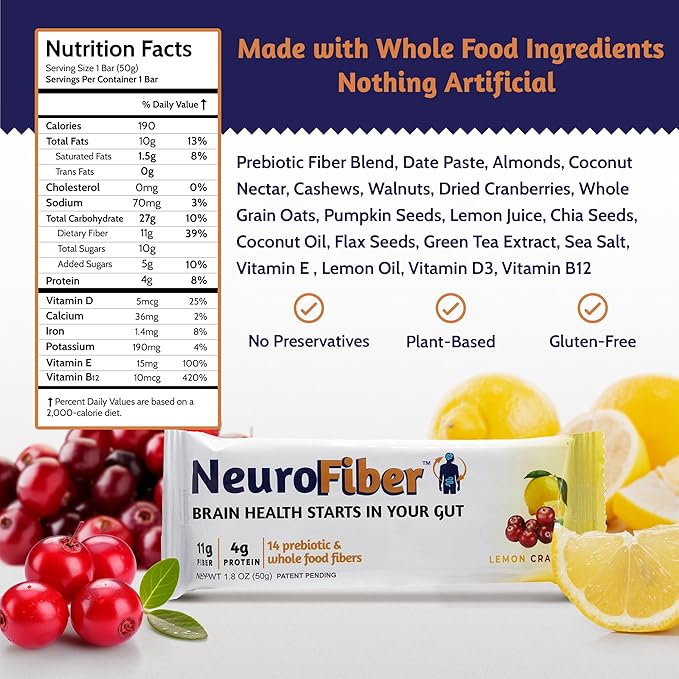 NeuroFiber Prebiotic Fiber Bars – Gut Health Constipation Relief &amp Brain Function Support – Plant-Based Gluten Free Vegan (14 Bars Lemon Cranberry)