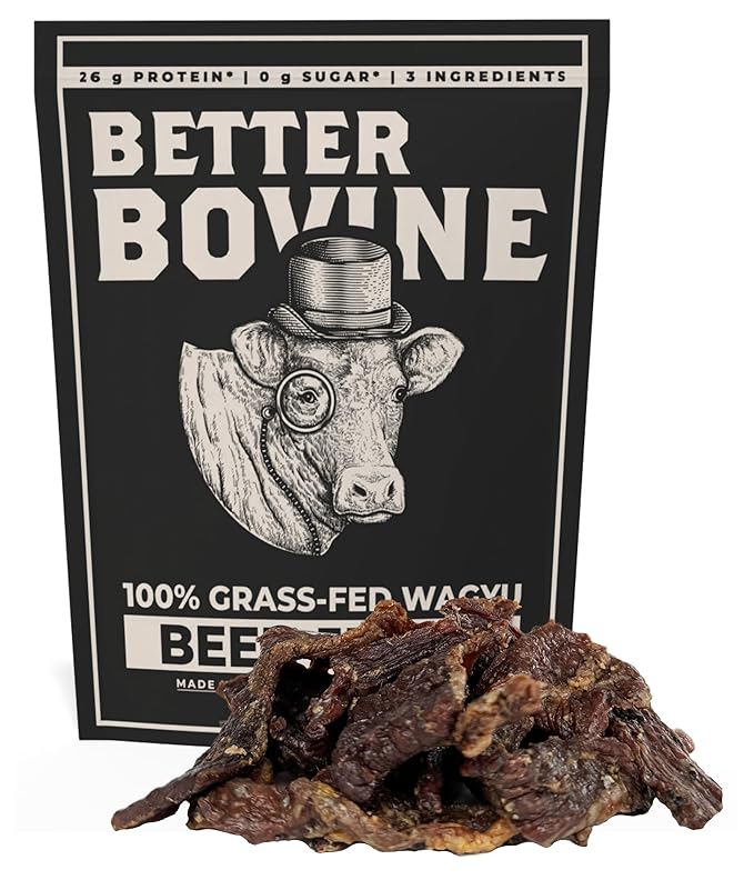 BETTER BOVINE Grass Fed Wagyu Beef Jerky Keto Paleo Low Carb High Protein Gluten Free Sugar Free Non-GMO Nitrate Free Preservative Free No Antibiotics No Added Hormones 26g Protein 0g Car