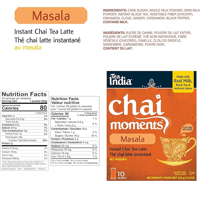 Tea India Chai Moments Masala Chai Tea Instant Latte Mix Flavorful Blend Of Premium Black Tea &amp Natural Ingredients Traditional Indian Caffeinated Tea Individually wrapped 10 Sachets Pack of 6