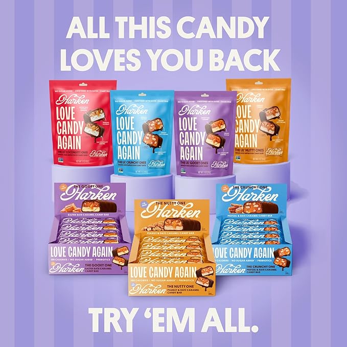 Harken Sweets The Lil’ Nutty Ones Mini Oat Milk Chocolate Candy Bars with Peanuts Sweetened with Dates No Sugar Added High Fiber Snack Gluten-Free Plant-Based 6 Pouches (30 Bars)