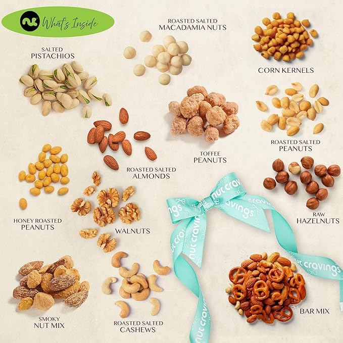 NUT CRAVINGS Gourmet Collection - Thank You Appreciation Nuts Gift Basket with TY Ribbon + Greeting Card in Reusable Wooden Tray (12 Assortments) Food Arrangement Healthy Snack Care Package